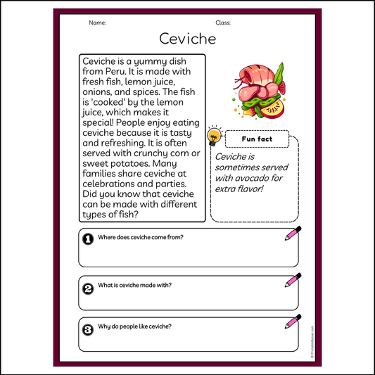 Ceviche | Reading Passage Comprehension Questions Writing Facts Worksheet