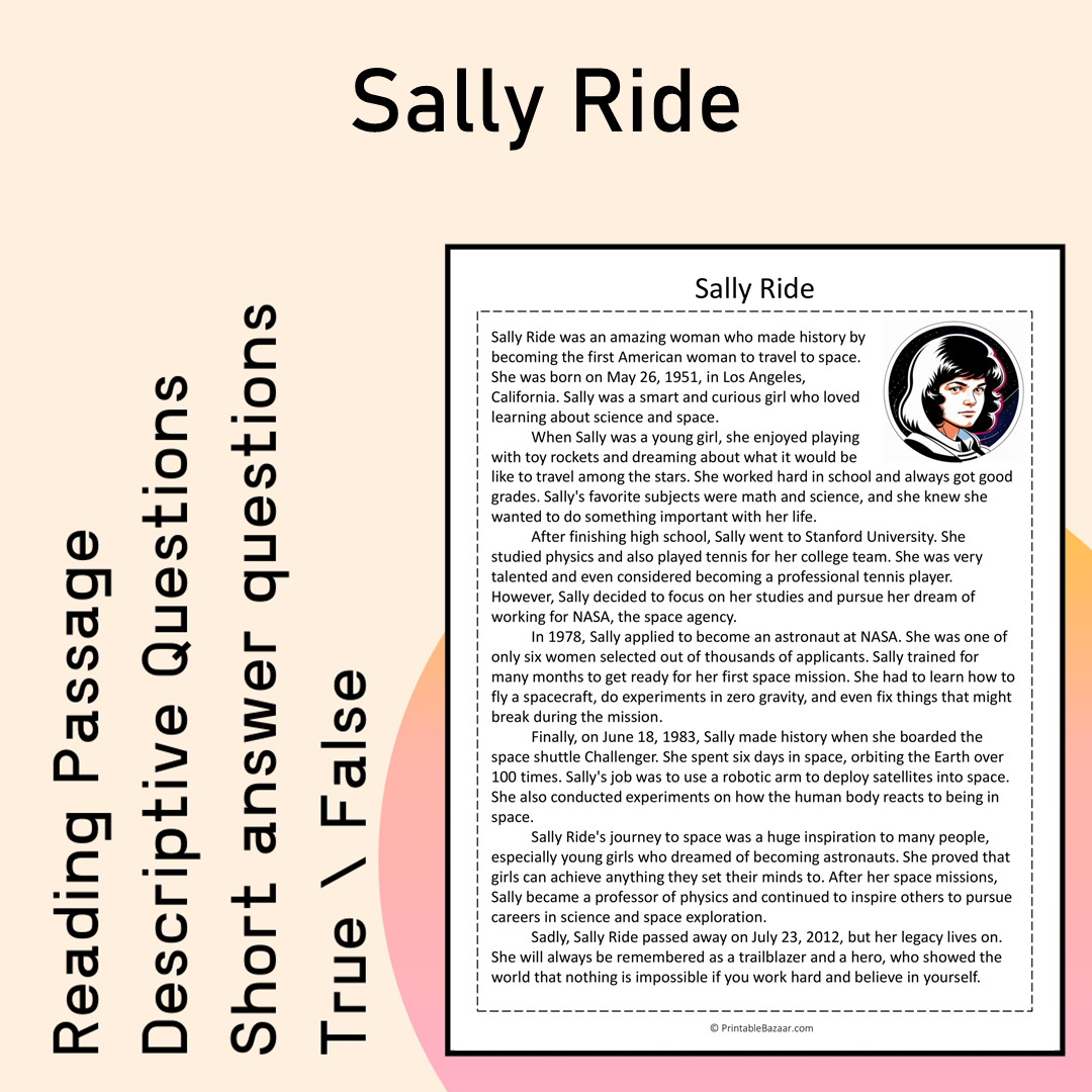 Sally Ride | Reading Comprehension Passage Printable Activity