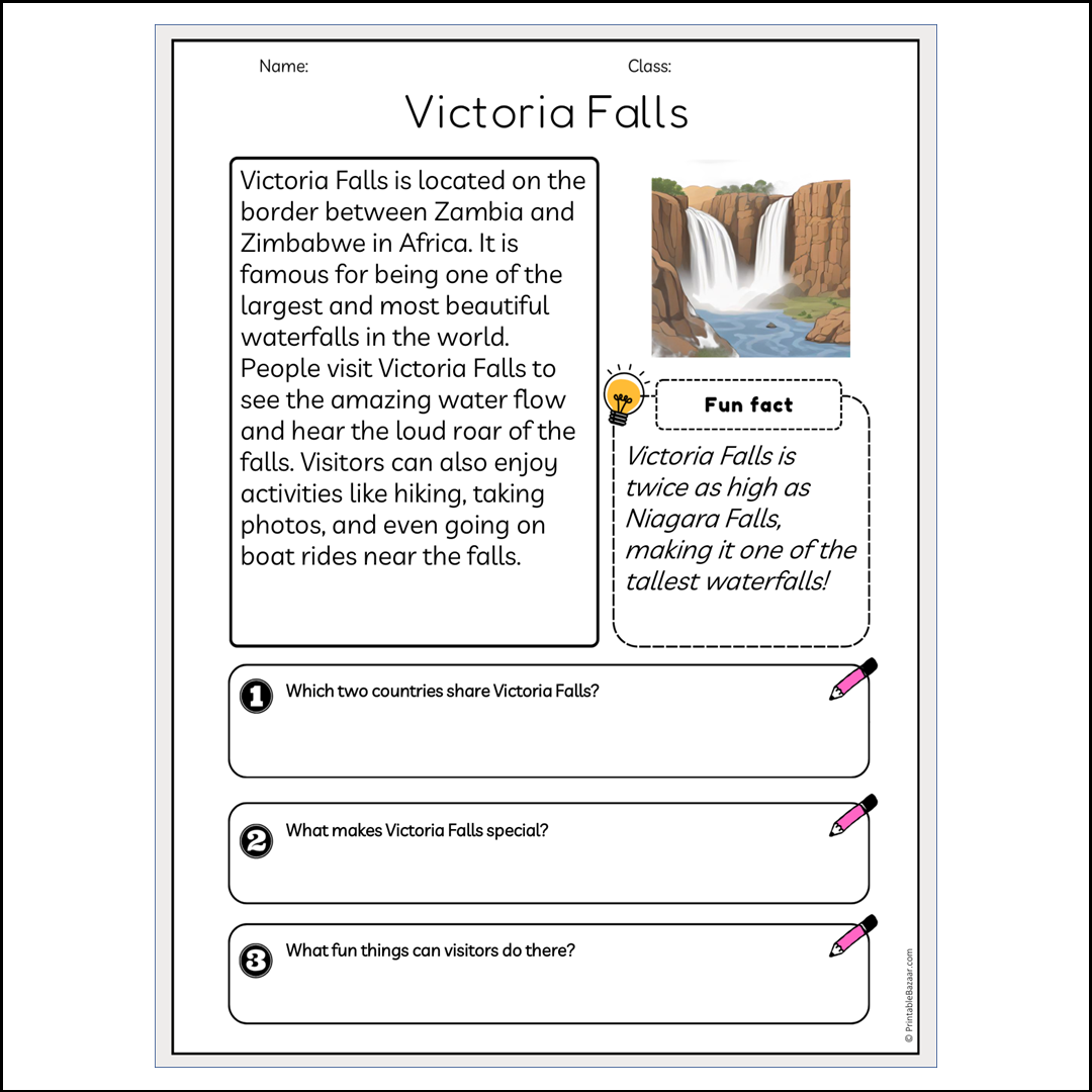 Victoria Falls | Reading Passage Comprehension Questions Writing Facts Worksheet