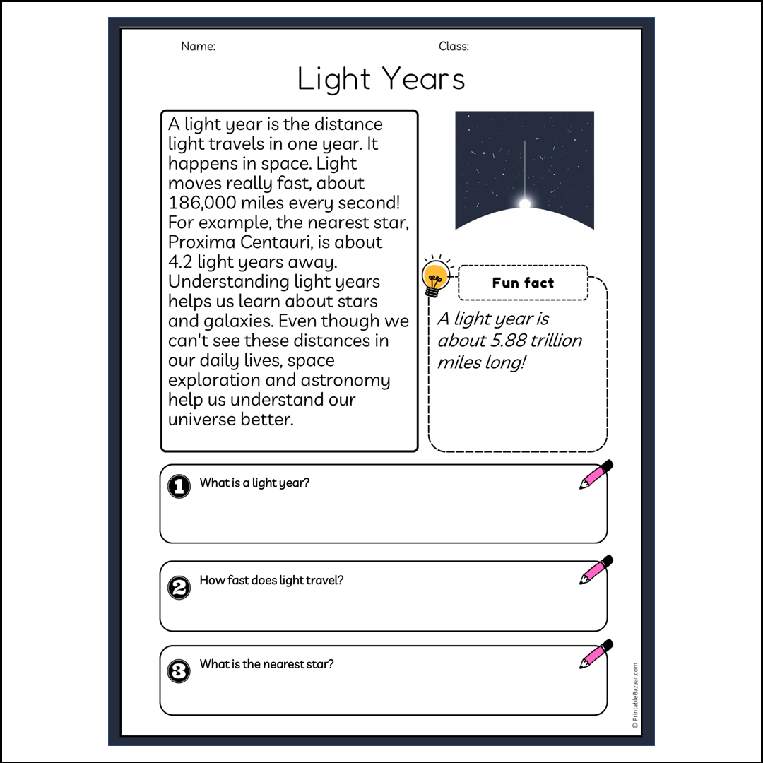 Light Years | Reading Passage Comprehension Questions Writing Facts Worksheet