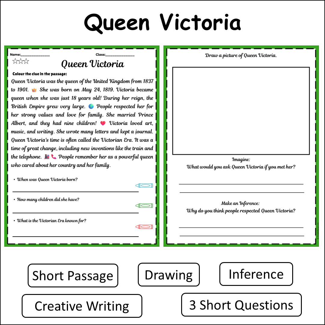 Queen Victoria | Short Reading Comprehension Creative Worksheet
