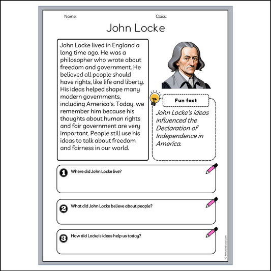 John Locke | Reading Passage Comprehension Questions Writing Facts Worksheet