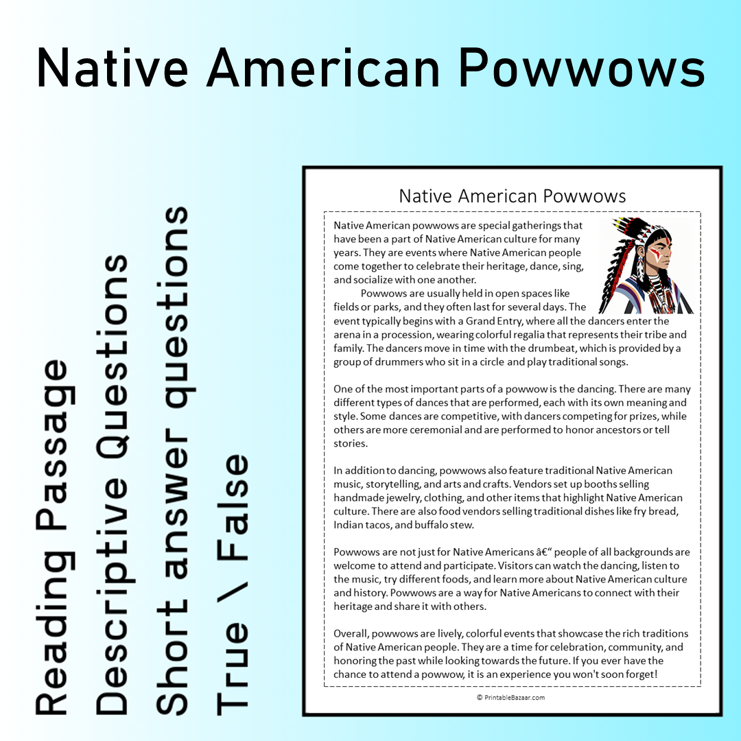 Native American Powwows | Reading Comprehension Passage Printable Worksheet