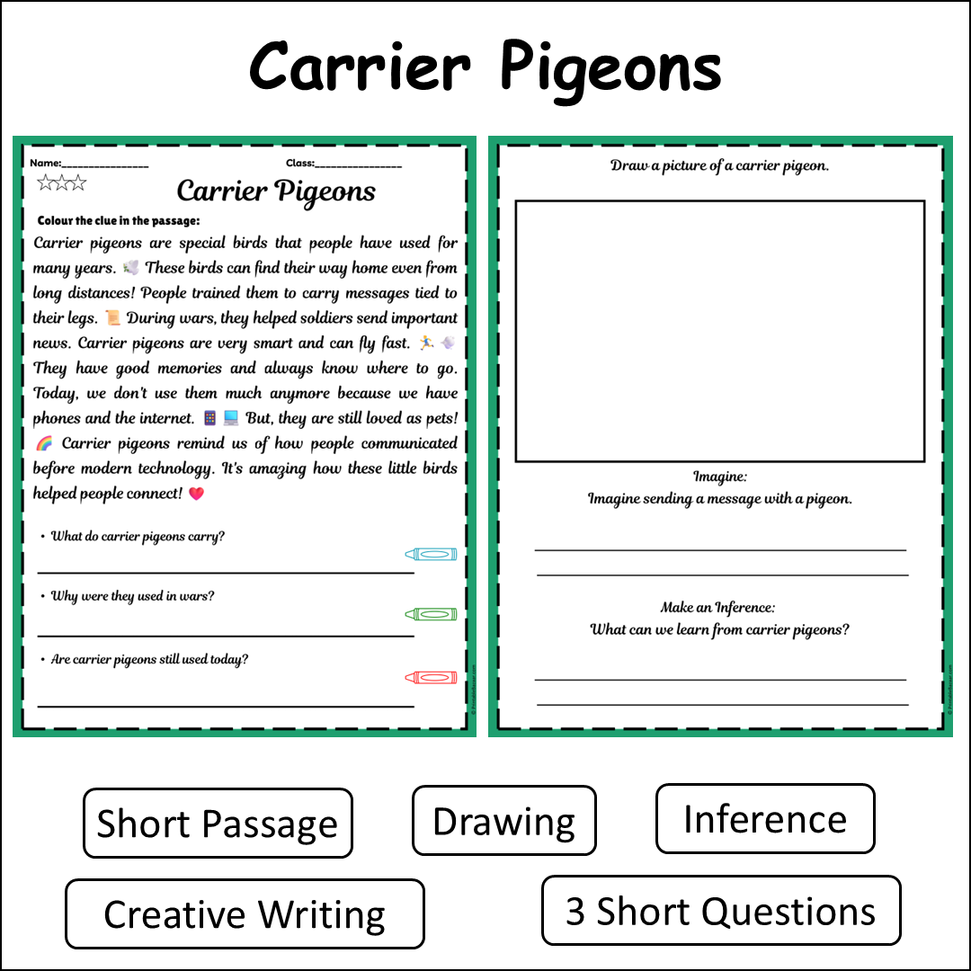 Carrier Pigeons | Short Reading Comprehension Creative Worksheet