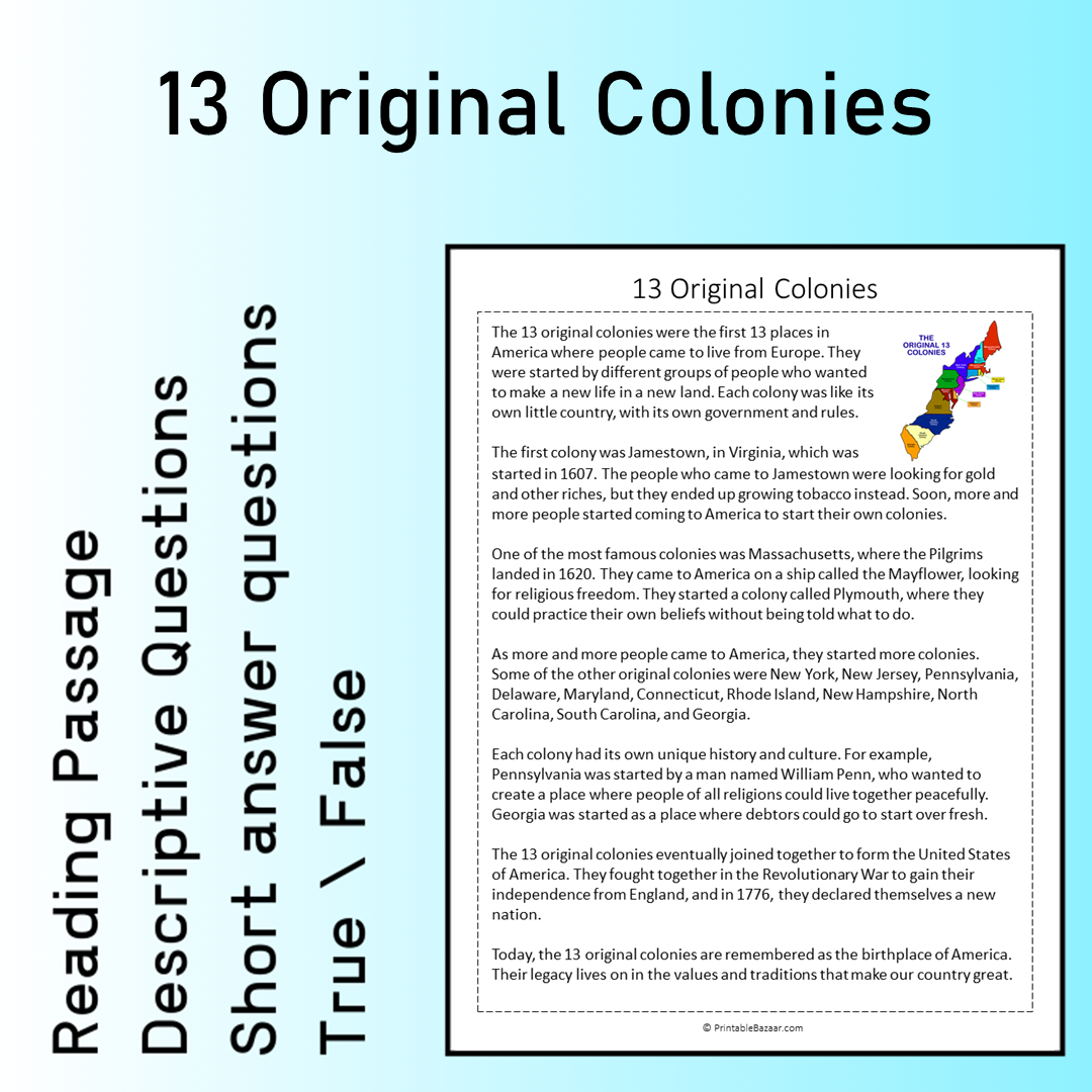 13 Original Colonies | Reading Comprehension Passage Printable Worksheet