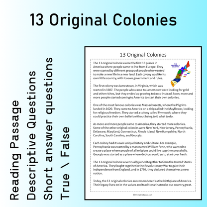 13 Original Colonies | Reading Comprehension Passage Printable Worksheet