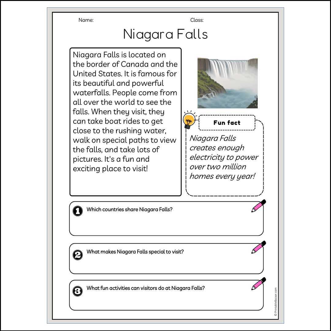 Niagara Falls | Reading Passage Comprehension Questions Writing Facts Worksheet