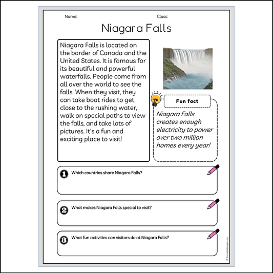 Niagara Falls | Reading Passage Comprehension Questions Writing Facts Worksheet