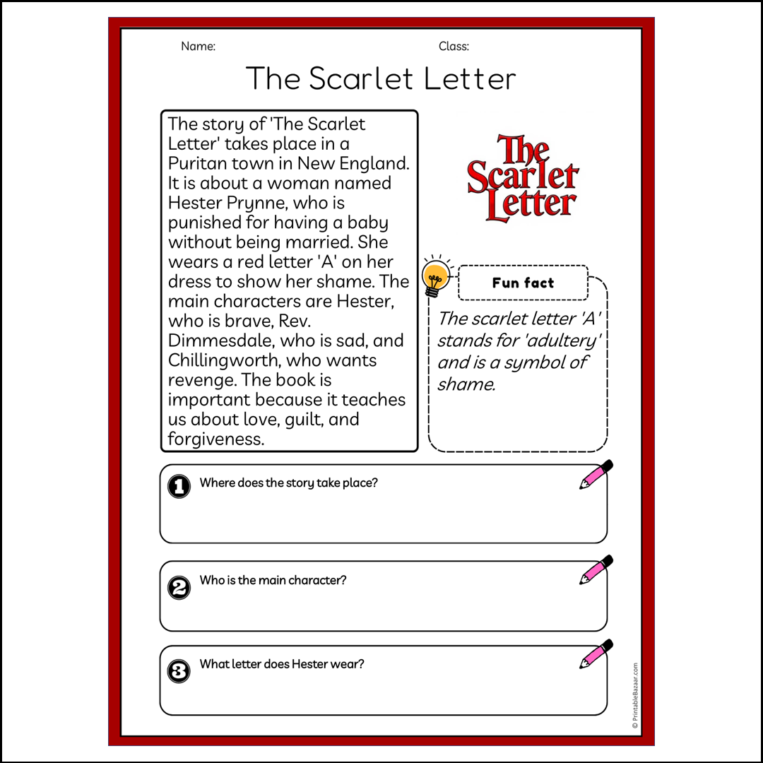 The Scarlet Letter | Reading Passage Comprehension Questions Writing Facts Worksheet