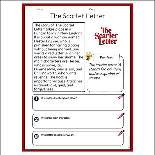 The Scarlet Letter | Reading Passage Comprehension Questions Writing Facts Worksheet