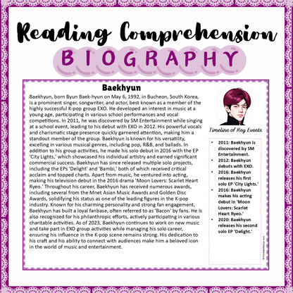 Baekhyun | Biography Reading Comprehension and Questions Worksheet