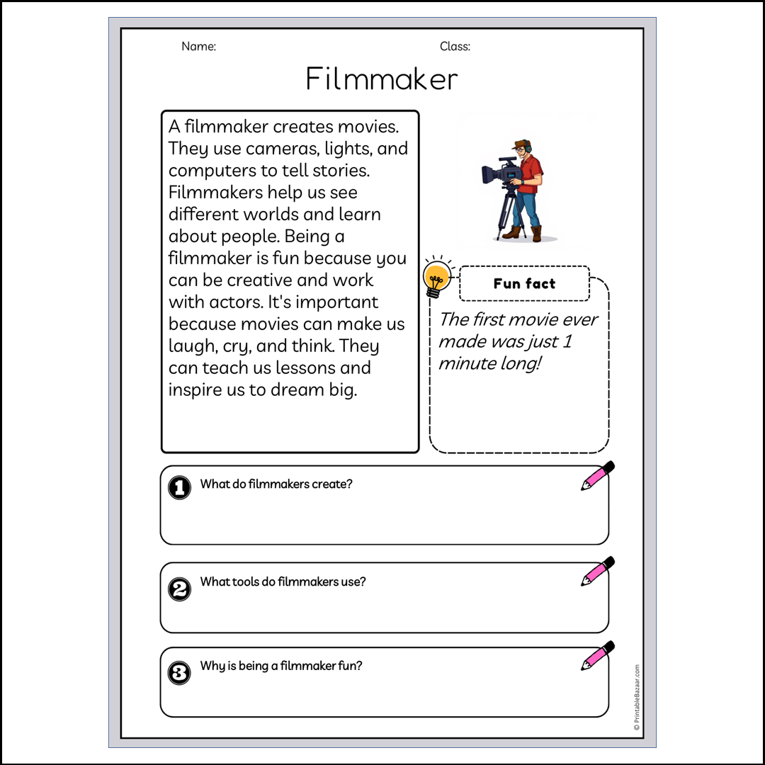 Filmmaker | Reading Passage Comprehension Questions Writing Facts Worksheet