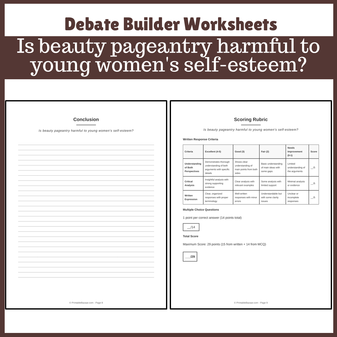 Is beauty pageantry harmful to young women's self-esteem? | Favour and Against Worksheet Printable Activity