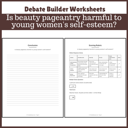 Is beauty pageantry harmful to young women's self-esteem? | Favour and Against Worksheet Printable Activity
