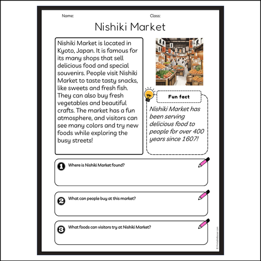 Nishiki Market | Reading Passage Comprehension Questions Writing Facts Worksheet