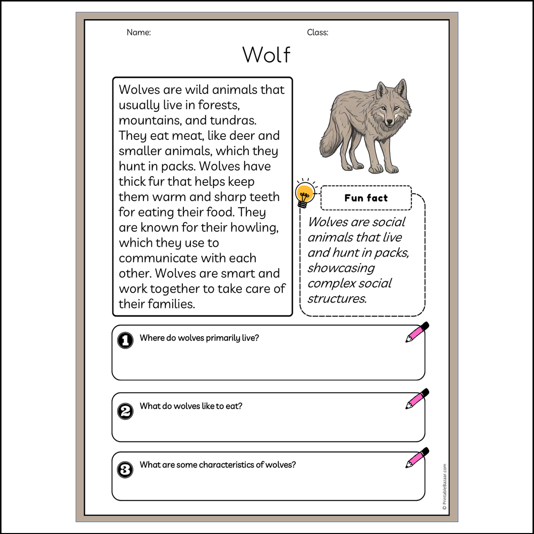 Wolf | Reading Passage Comprehension Questions Writing Facts Worksheet