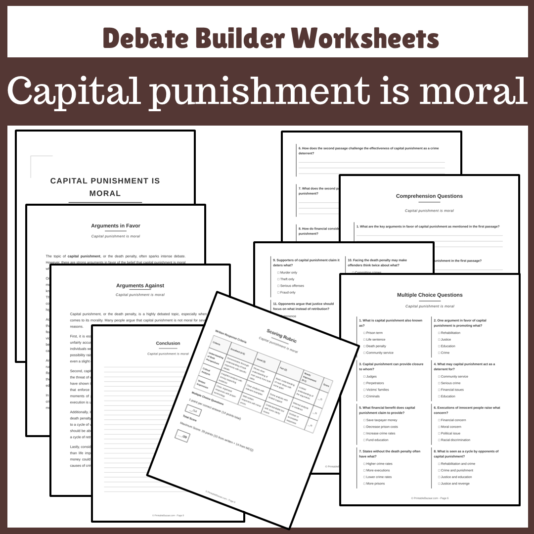 Capital punishment is moral | Favour and Against Worksheet Printable Activity