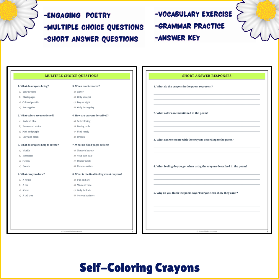 Self-Coloring Crayons | Poem Grammar Worksheet Printable Activity