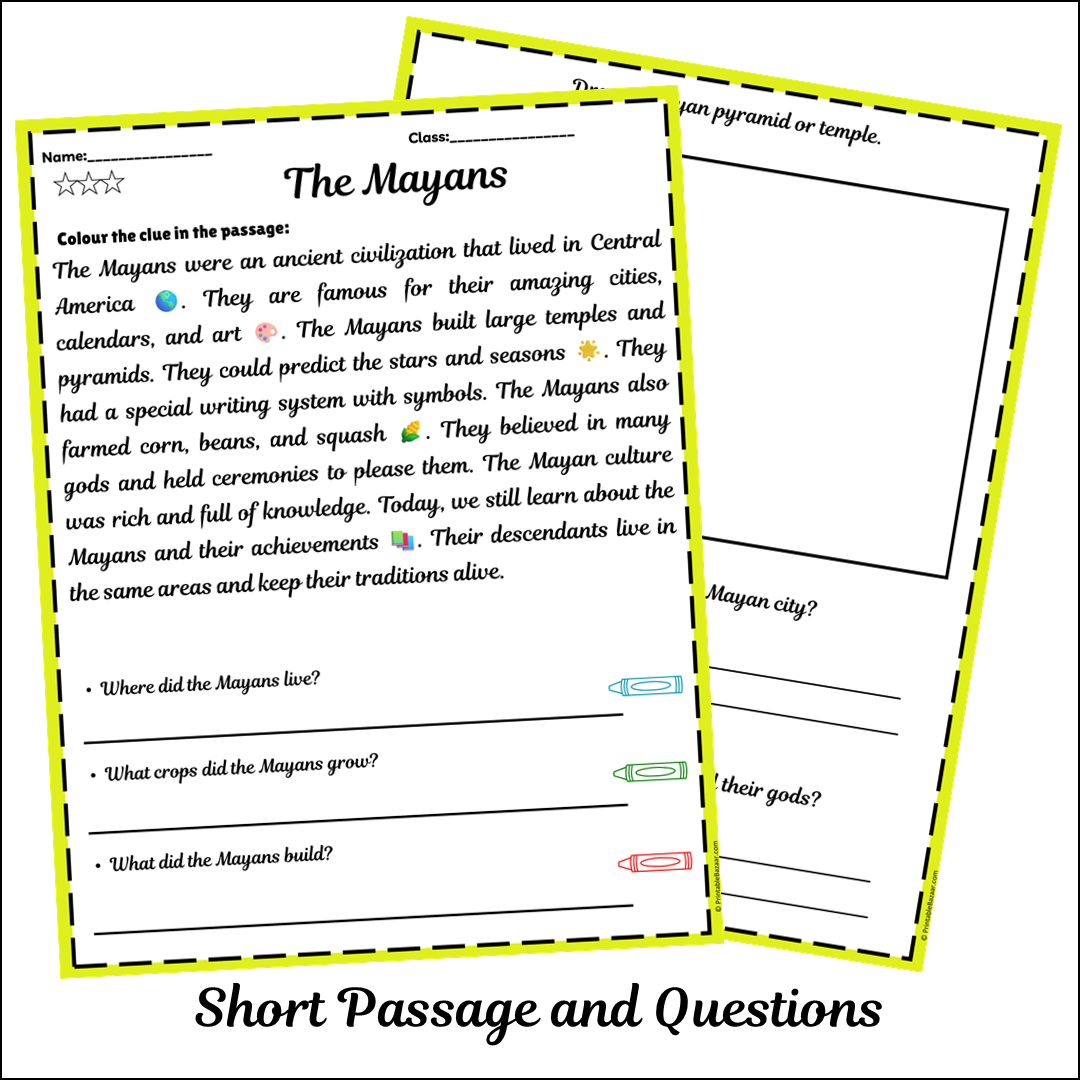 The Mayans | Short Reading Comprehension Creative Worksheet