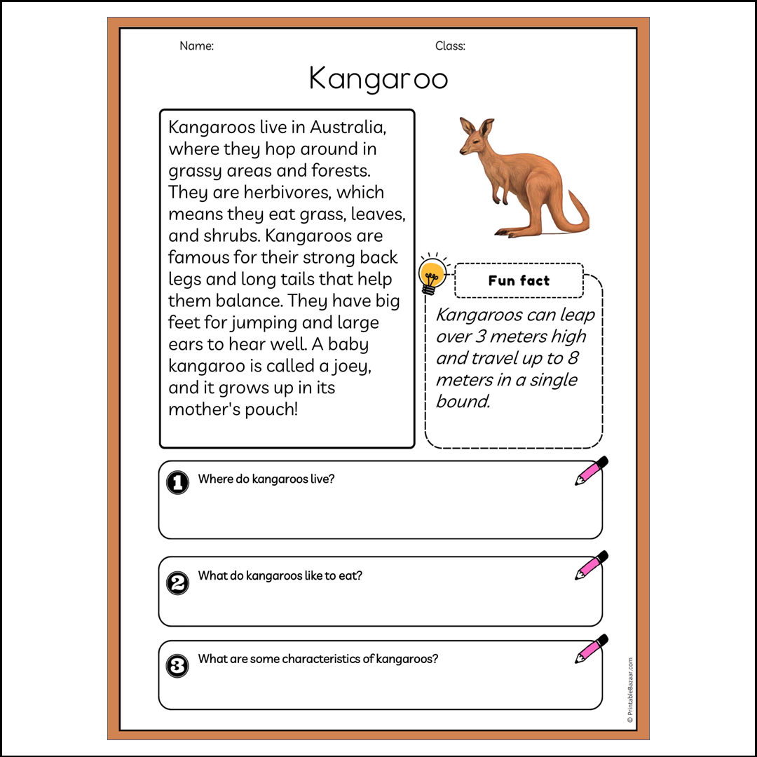 Kangaroo | Reading Passage Comprehension Questions Writing Facts Worksheet