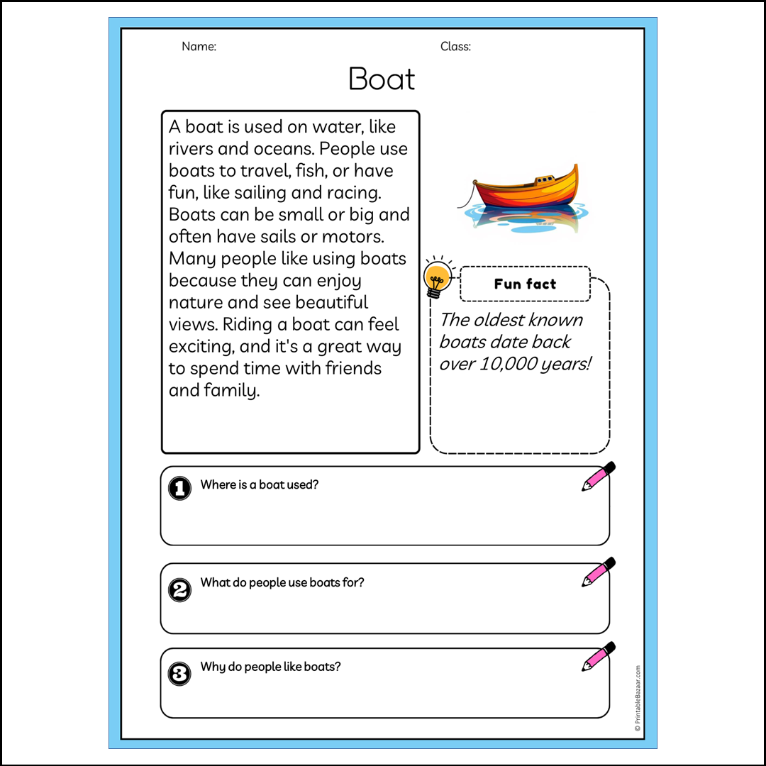 Boat | Reading Passage Comprehension Questions Writing Facts Worksheet