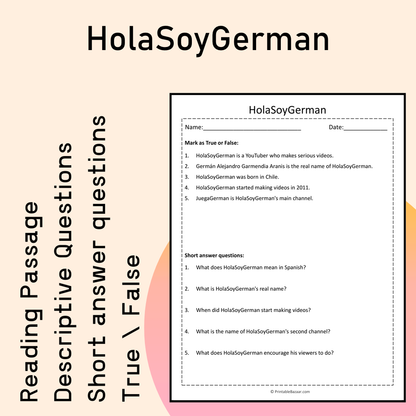 HolaSoyGerman | Reading Comprehension Passage Printable Activity
