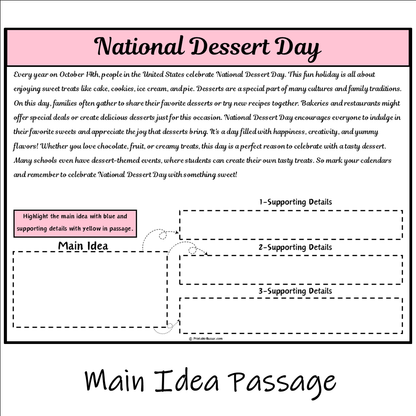 National Dessert Day | Main Idea and Supporting Details Reading Passage and Questions