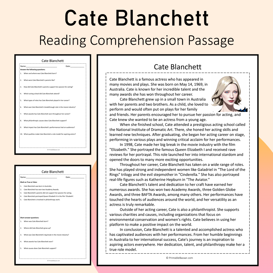 Cate Blanchett | Reading Comprehension Passage Printable Activity