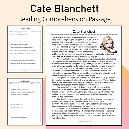 Cate Blanchett | Reading Comprehension Passage Printable Activity