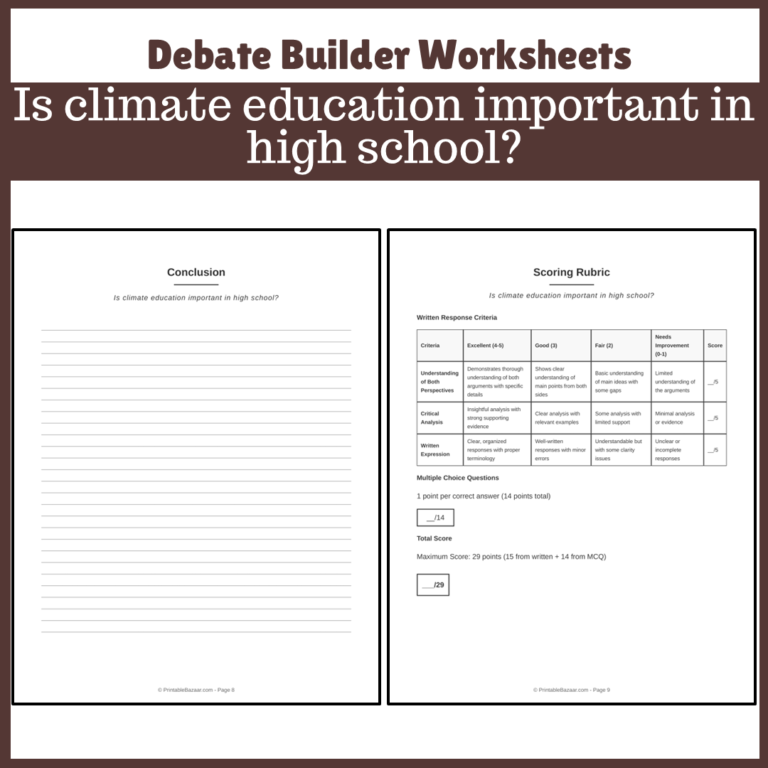 Is climate education important in high school? | Favour and Against Worksheet Printable Activity
