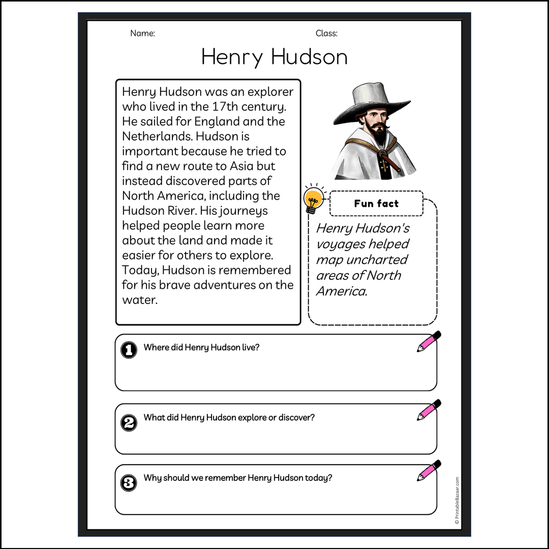 Henry Hudson | Reading Passage Comprehension Questions Writing Facts Worksheet