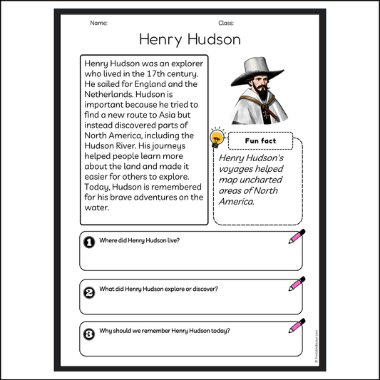 Henry Hudson | Reading Passage Comprehension Questions Writing Facts Worksheet