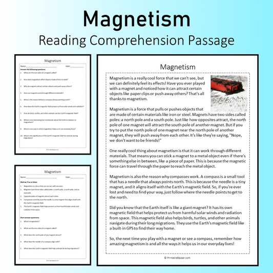 Magnetism | Reading Comprehension Passage Printable Worksheet