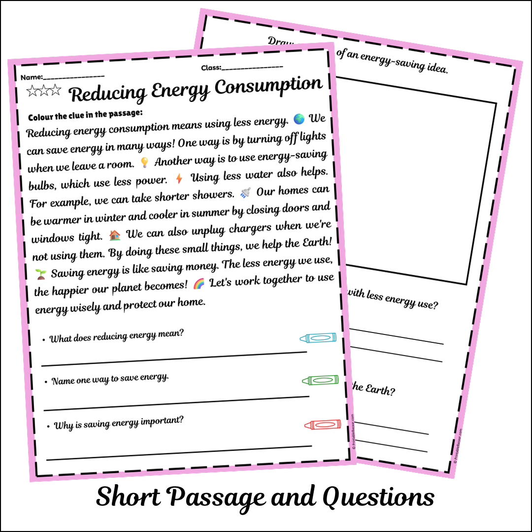 Reducing Energy Consumption | Short Reading Comprehension Creative Worksheet