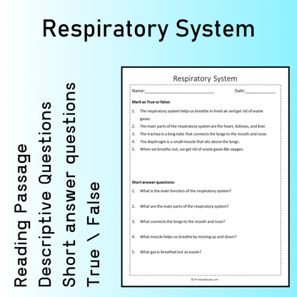 Respiratory System | Reading Comprehension Passage Printable Worksheet