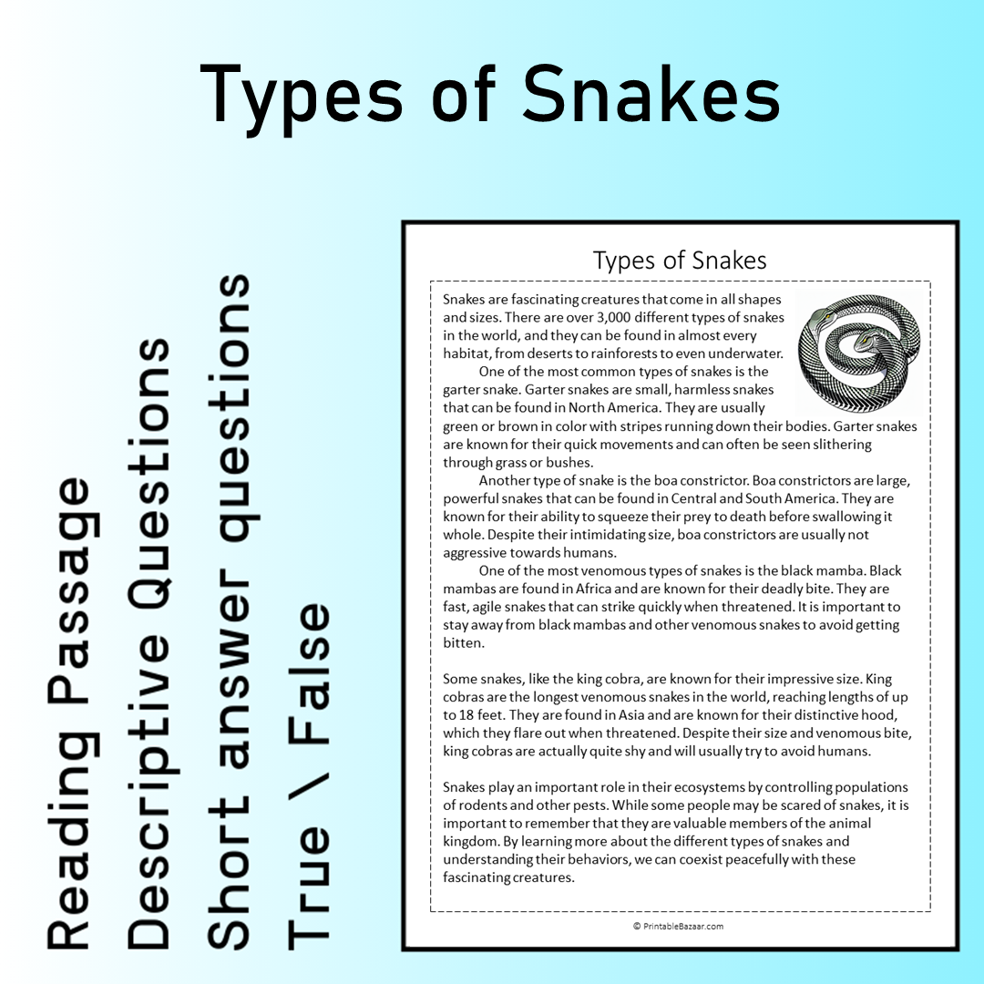 Types of Snakes | Reading Comprehension Passage Printable Worksheet