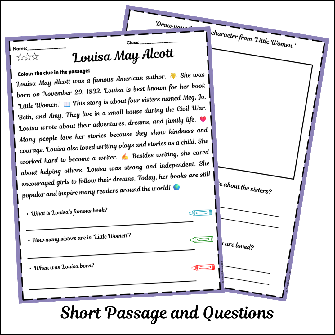 Louisa May Alcott | Short Reading Comprehension Creative Worksheet