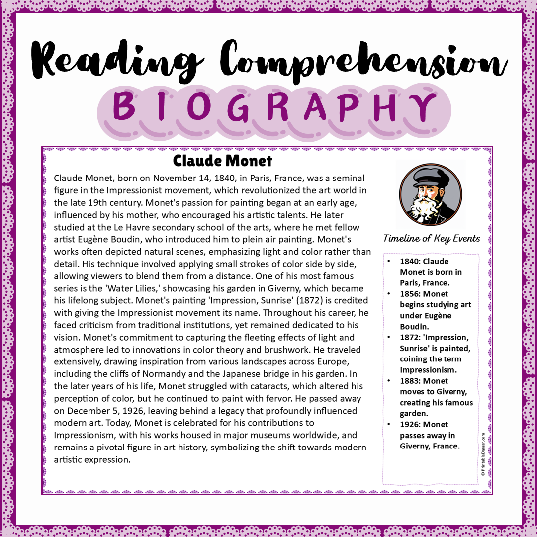 Claude Monet | Biography Reading Comprehension and Questions Worksheet