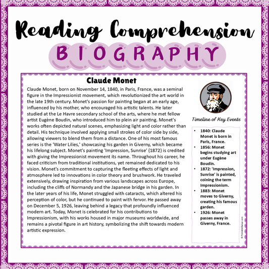 Claude Monet | Biography Reading Comprehension and Questions Worksheet