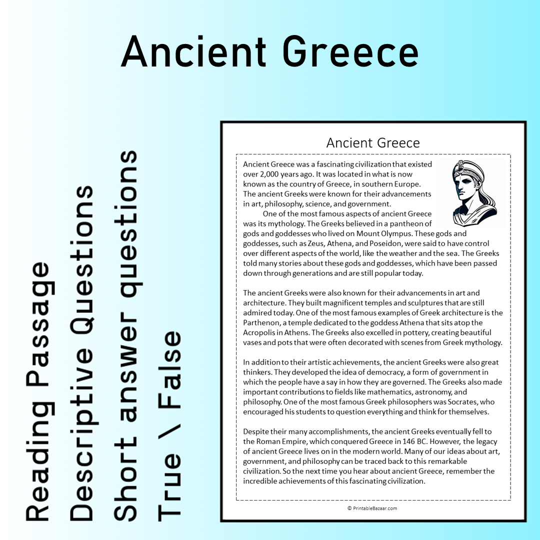Ancient Greece | Reading Comprehension Passage Printable Worksheet