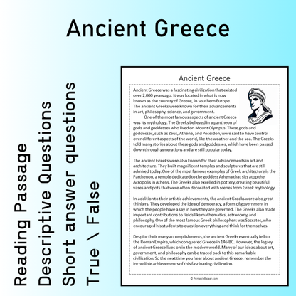 Ancient Greece | Reading Comprehension Passage Printable Worksheet