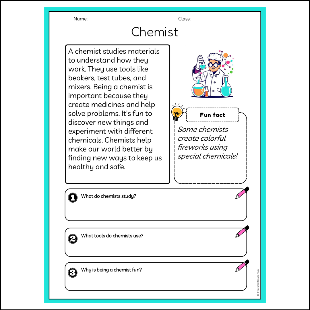 Chemist | Reading Passage Comprehension Questions Writing Facts Worksheet