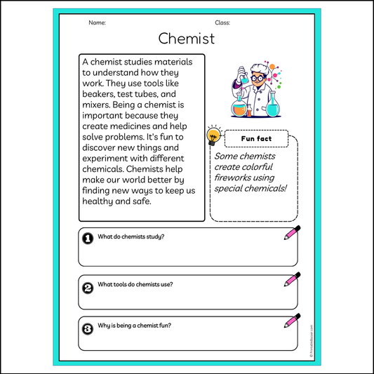 Chemist | Reading Passage Comprehension Questions Writing Facts Worksheet