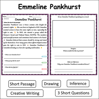 Emmeline Pankhurst | Short Reading Comprehension Creative Worksheet