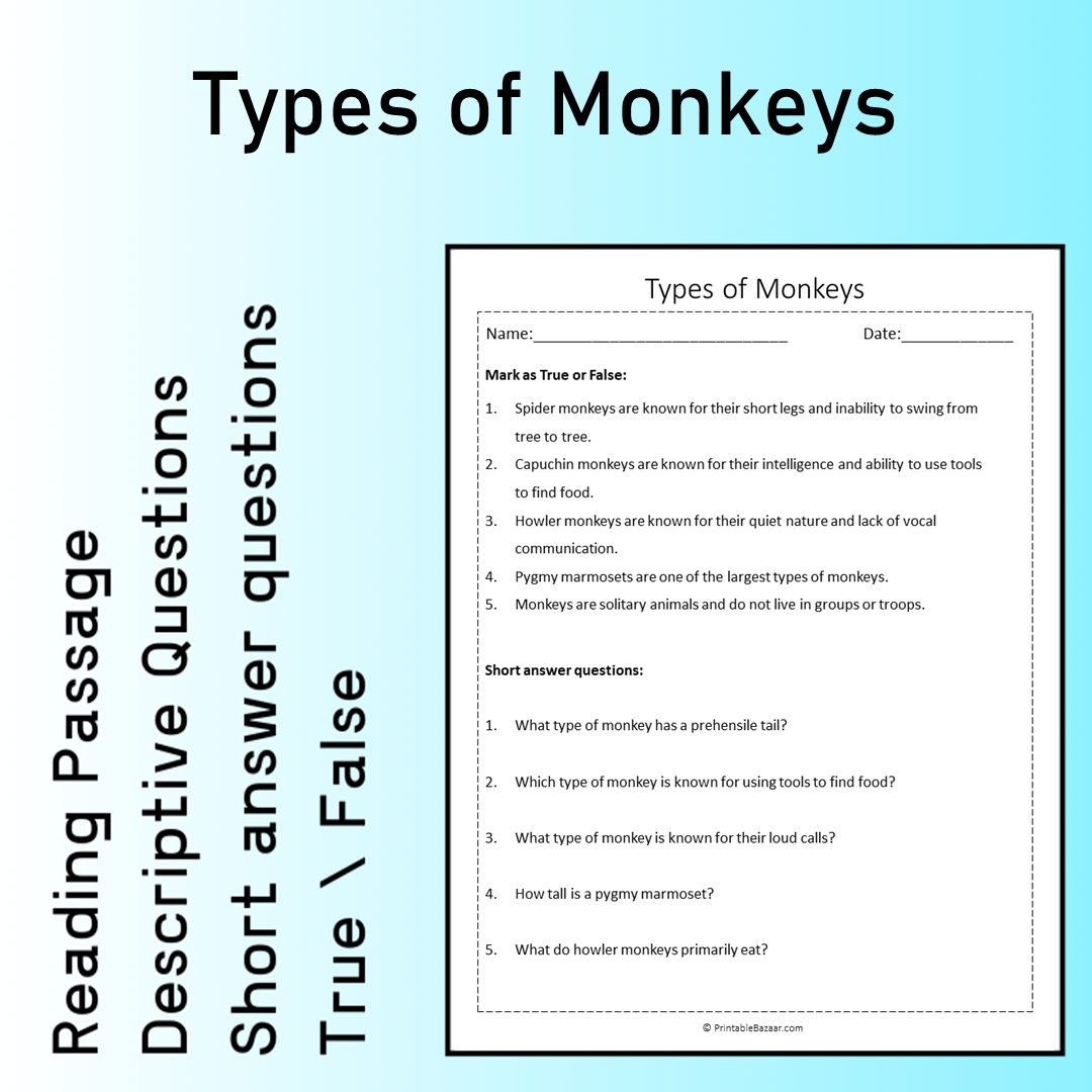 Types of Monkeys | Reading Comprehension Passage Printable Worksheet