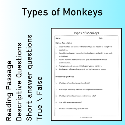 Types of Monkeys | Reading Comprehension Passage Printable Worksheet