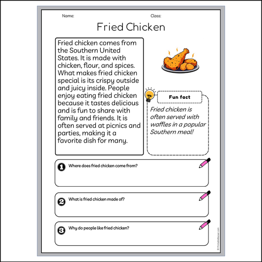 Fried Chicken | Reading Passage Comprehension Questions Writing Facts Worksheet