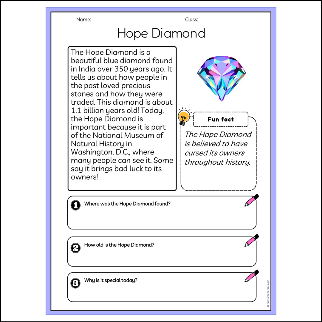 Hope Diamond | Reading Passage Comprehension Questions Writing Facts Worksheet