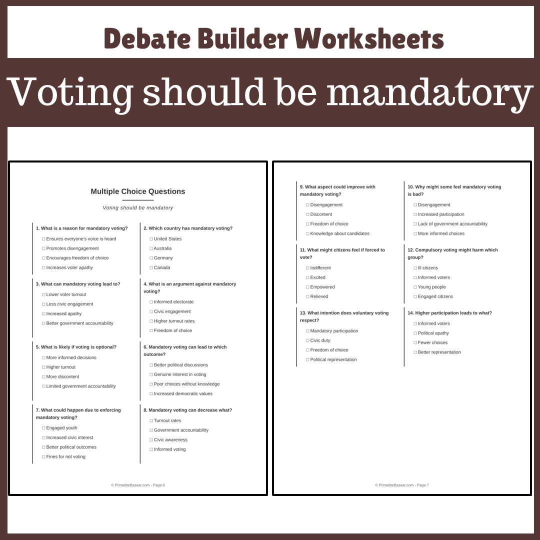 Voting should be mandatory | Favour and Against Worksheet Printable Activity