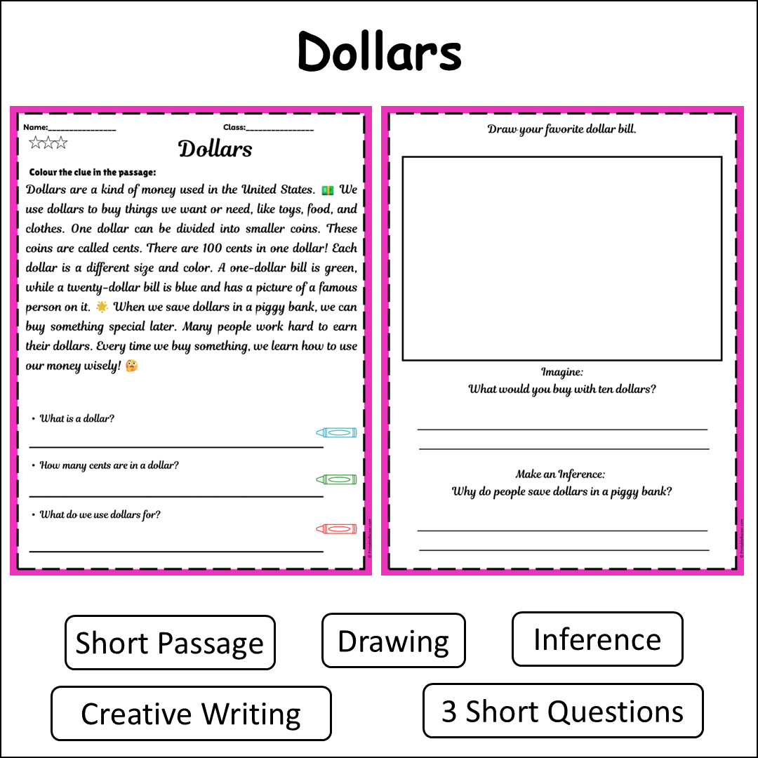 Dollars | Short Reading Comprehension Creative Worksheet